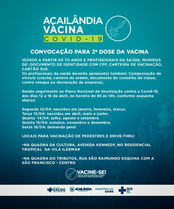 ATENÇÃO, IDOSOS A PARTIR DE 70 ANOS E PROFISSIONAIS DA SAÚDE, VOCÊS JÁ PODEM  RECEBER A 2ª DOSE DA VACINA CONTRA A COVID-19. 