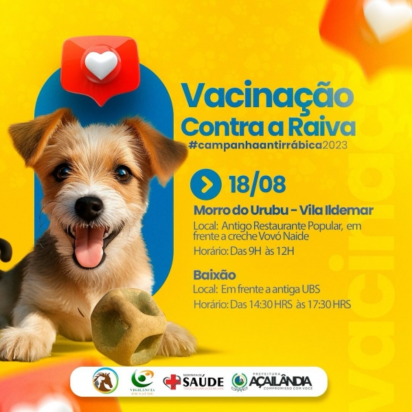 AÇAILÂNDIA - VACINAÇÃO CONTRA A RAIVA: AMANHÃ É O DIA!