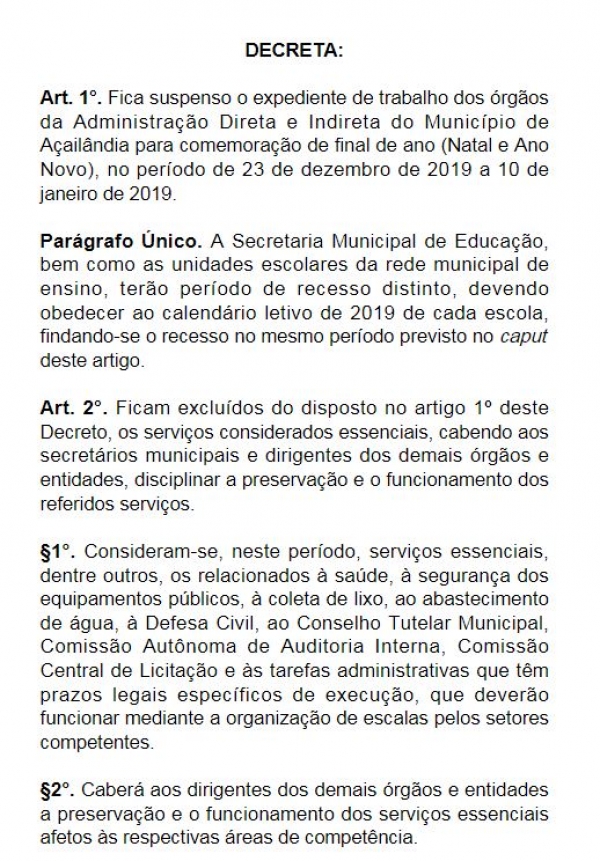 AÇAILÂNDIA - Prefeitura informa o cronograma do decreto de fim de ano  veja