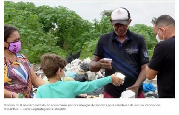 Menino de 8 anos troca festa de aniversário por distribuição de lanches para catadores de lixo no interior do Maranhão