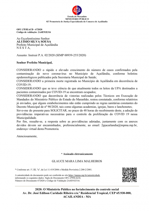 AÇAILÂNDIA - MP da prazo de 48 horas para Prefeitura tomar providências imperativas necessárias para o controle da proliferação do COVID 19 