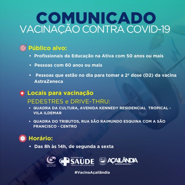 AÇAILÂNDIA: Atenção para a vacinação contra Covid-19