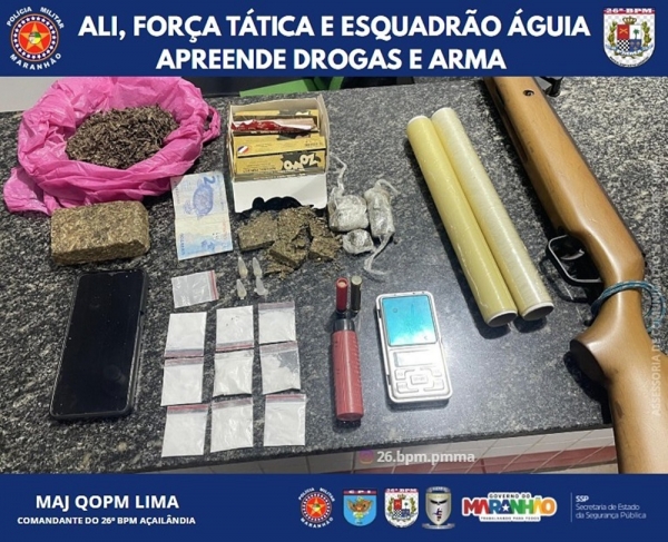 AÇAILÂNDIA – POLÍCIA MILITAR REALIZA A APREENSÃO DE DROGAS E ARMA DE FOGO