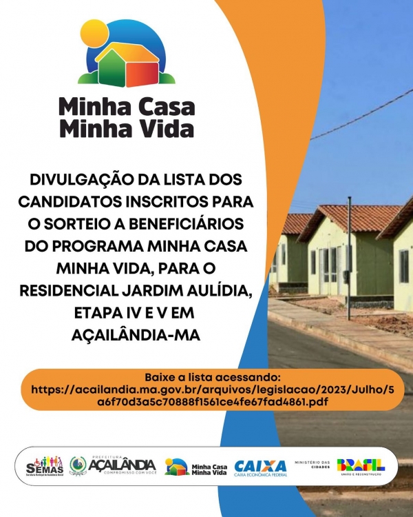 LISTA DOS CANDIDATOS INSCRITOS PARA O SORTEIO A BENEFICIÁRIOS DO PROGRAMA MINHA CASA MINHA VIDA, PARA O RESIDENCIAL JARDIM AULÍDIA, ETAPA IV E V EM AÇAILÂNDIA-MA 