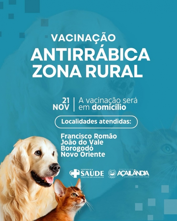 CONFIRA A PROGRAMAÇÃO DA VACINAÇÃO ANTIRRÁBICA NA ZONA RURAL: