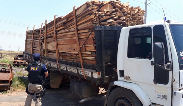 PRF apreende caminhão transportando madeira de forma irregular
