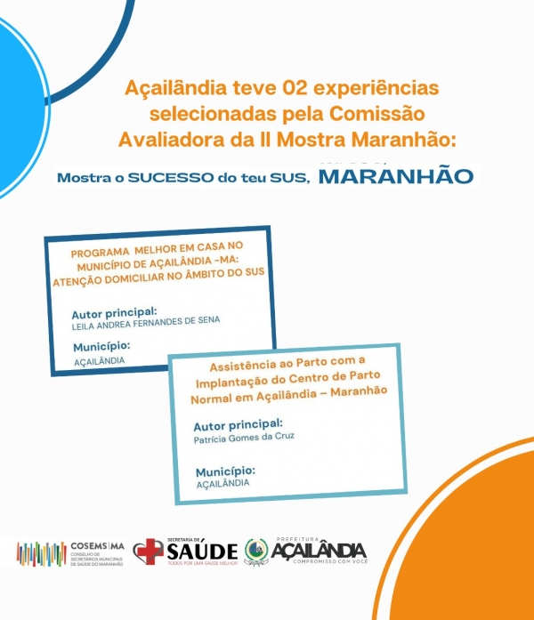 AÇAILÂNDIA TEVE 02 EXPERIÊNCIAS SELECIONADAS PELA COMISSÃO AVALIADORA DA II MOSTRA MARANHÃO