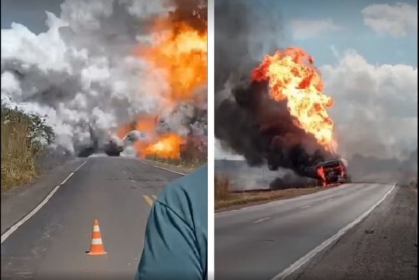 VEJA O MOMENTO DA EXPLOSÃO DE CAMINHÃO-TANQUE NO INTERIOR DO PARÁ; TRÊS PESSOAS FICARAM FERIDAS