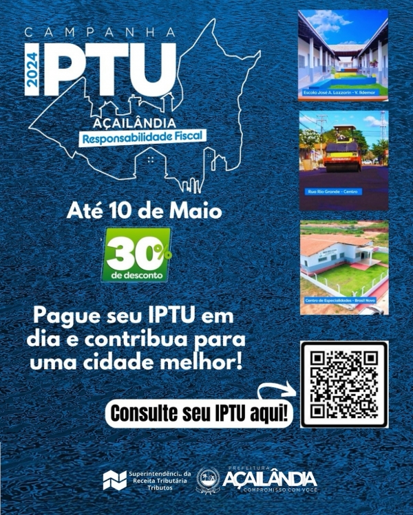 CAMPANHA PROMOCIONAL DO IPTU FOI PRORROGADA E PAGAMENTO DE COTA ÚNICA COM 30% DE DESCONTO ENCERRA EM 10 DE MAIO 