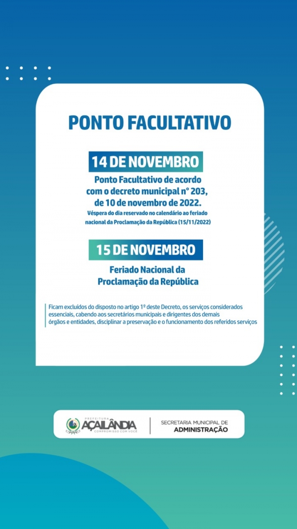 Prefeito Aluísio decreta ponto facultativo no dia 14 de novembro, véspera do dia da Proclamação da República