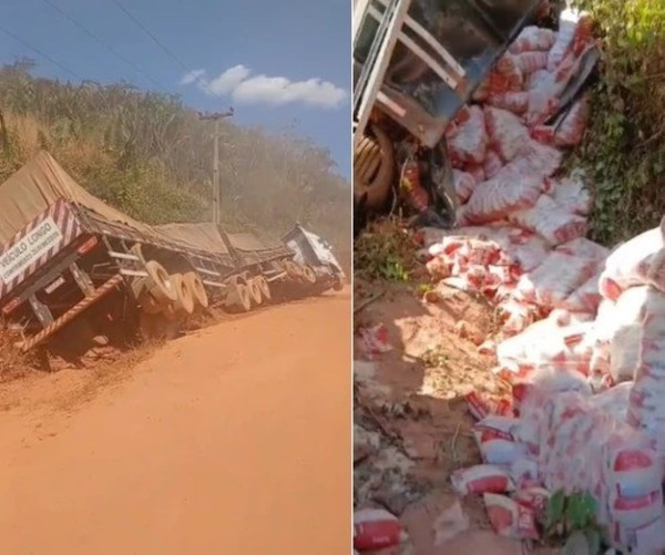  CARRETA DESGOVERNADA ATROPELA MOTOCICLISTA E TOMBA COM CARGA DE ARROZ EM MARAJÁ DO SENA, NO MA