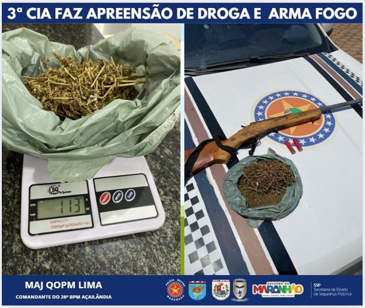 POLÍCIA MILITAR APREENDE ARMA DE FOGO E DROGAS EM AÇAILÂNDIA