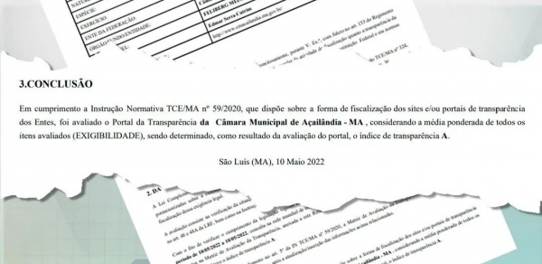  AÇAILÂNDIA: PORTAL DA TRANSPARÊNCIA DA CÂMARA MUNICIPAL TEM AVALIAÇÃO 'A' PELO TCE-MA 
