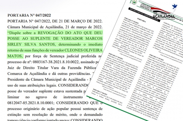 Câmara retorna o vereador Cleones Matos as suas funções parlamentares Portaria