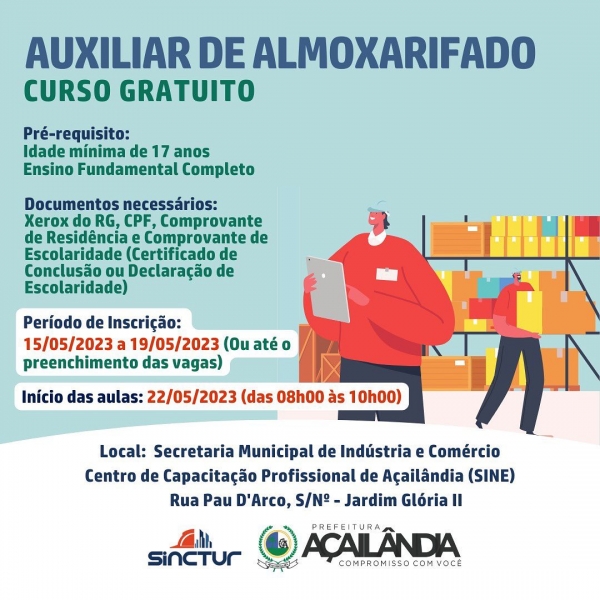 INSCRIÇÕES ABERTAS PARA O CURSO GRATUITO DE AUXILIAR DE ALMOXARIFADO
