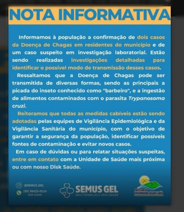 PREFEITURA DE GOVERNADOR EDISON LOBÃO CONFIRMA DOIS CASOS DA DOENÇA DE CHAGAS