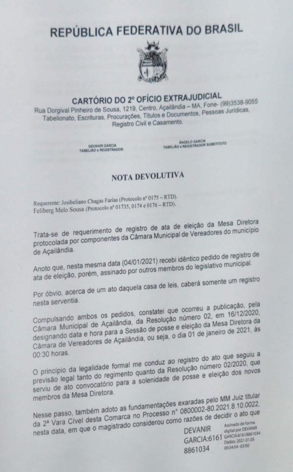 CARTÓRIO SE NEGA A REGISTRAR ATA DA CHAPA 02 E BASEADA NA RESOLUÇÃO FELIBERG SEGUE COM MAIS UMA DECISÃO A SEU FAVOR